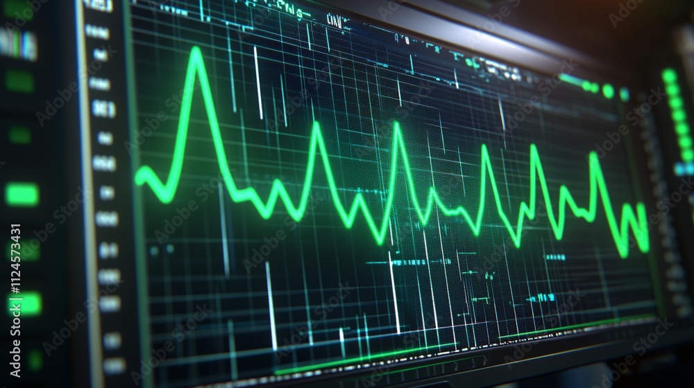 A glowing green heart monitor line on a hospital screen, showing health data and pulse readings in a clinical setting, symbolizing patient monitoring and medical care A glowing green heart monitor line on a hospital screen, showing health data and pulse readings in a clinical setting, symbolizing patient monitoring and medical care