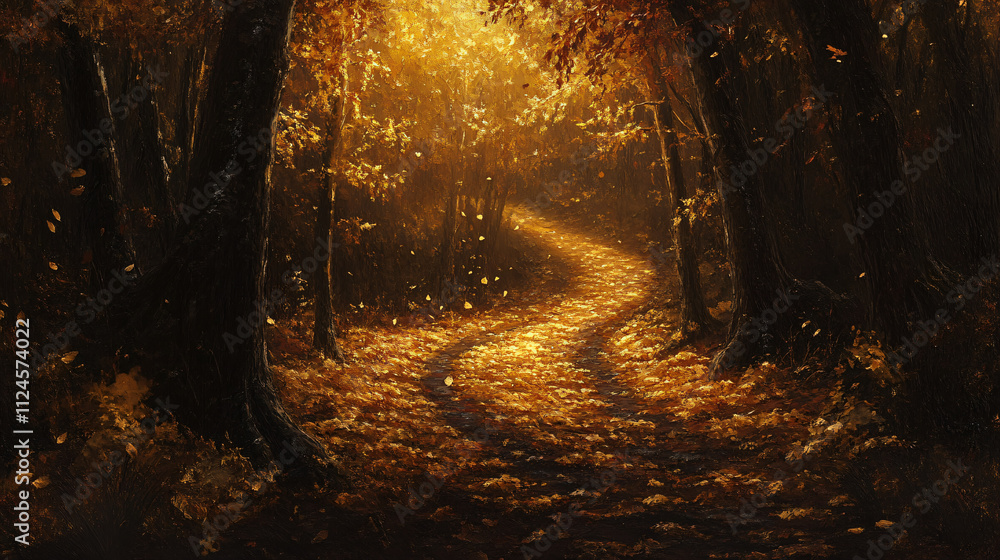 Obraz premium A path winding through a golden woodland covered in fallen leaves.