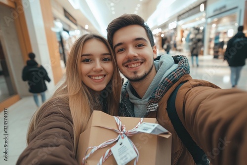 Smiling couple poses for a selfie while holding a gift in a lively shopping mall