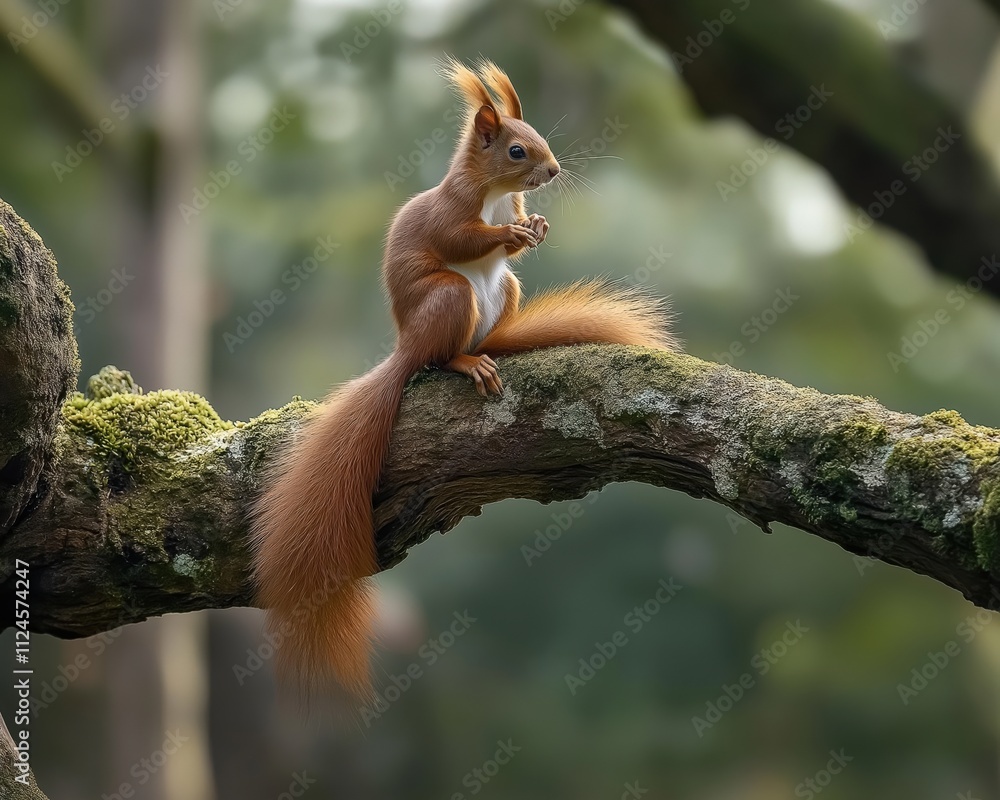 Red squirrel perched on the moss-covered branch of an old tree Red squirrel perched on the moss-covered branch of an old tree
