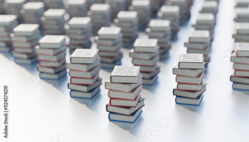 Stacks of books arranged in symmetrical rows on a white background. photo