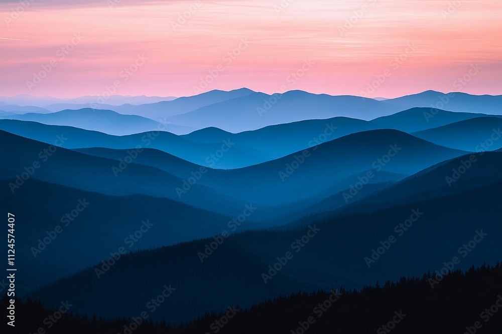 Majestic mountain landscape at dusk with layers of blue and purple hues. Generative AI Majestic mountain landscape at dusk with layers of blue and purple hues. Generative AI