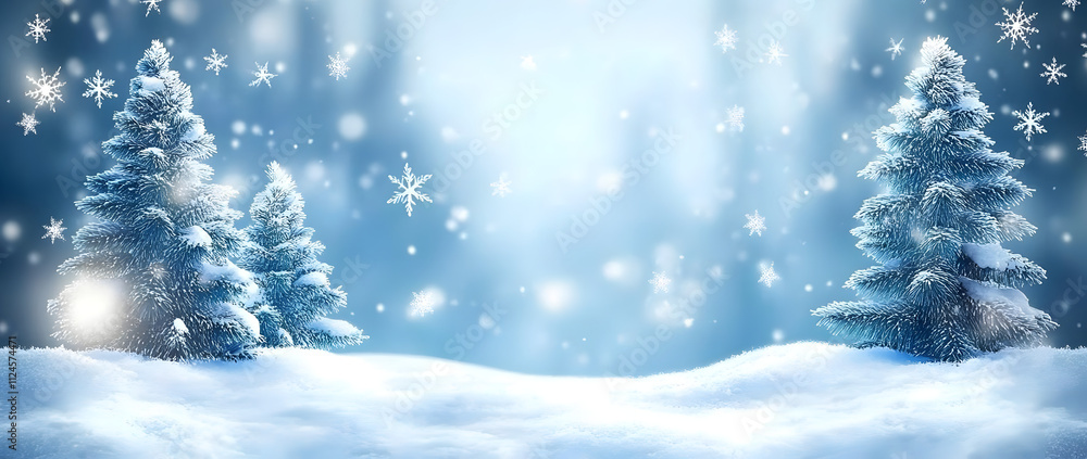 Christmas winter banner with bokeh and fluffy snow-covered fir trees and sparkling snowflakes on blue sky background for poster or backdrop Christmas winter banner with bokeh and fluffy snow-covered fir trees and sparkling snowflakes on blue sky background for poster or backdrop