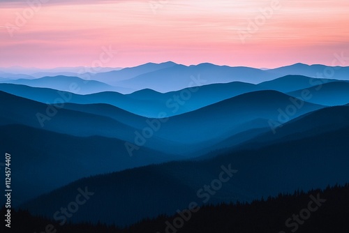 Majestic mountain landscape at dusk with layers of blue and purple hues. Generative AI