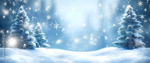 Wallpaper Mural Christmas winter banner with bokeh and fluffy snow-covered fir trees and sparkling snowflakes on blue sky background for poster or backdrop Torontodigital.ca
