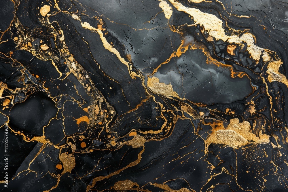 Fototapeta premium This captivating abstract artwork features a striking interplay of black and gold hues, showcasing fluid patterns and textures that create a sophisticated visual appeal.