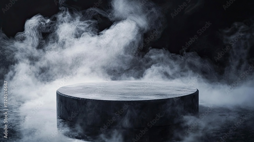 Empty Round platform emerging from a mysterious dry ice smoke on a black background, creating an ideal setting for product showcasing. Empty Round platform emerging from a mysterious dry ice smoke on a black background, creating an ideal setting for product showcasing.