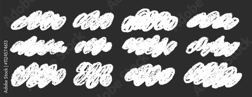 White clouds fluffy pencil chalk crayon hand drawn clouds kids style clipart. Childish naive clouds icons isolated. Rough cute pastel texture set