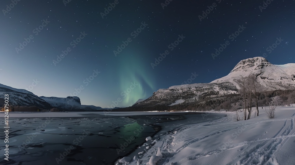Naklejka premium A snowy landscape with the aurora borealis in the sky above a frozen lake.