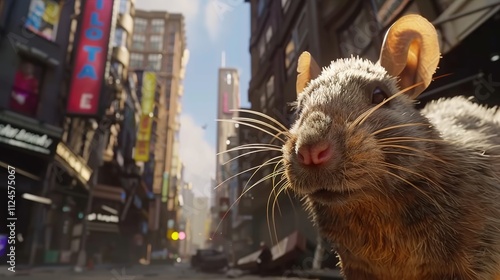 Large rat with detailed realistic texture standing on city street, looking directly at camera, urban environment presence emphasized. photo