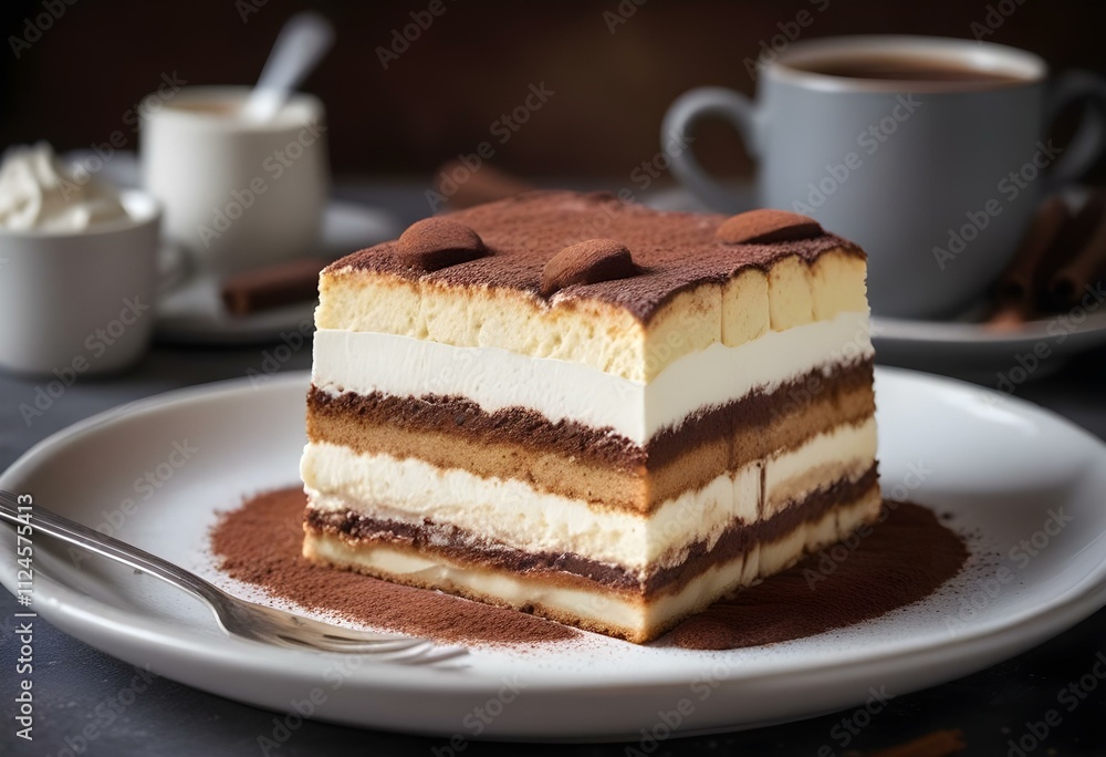 A slice of tiramisu dessert on a plate, with layers of coffee-soaked ladyfingers, creamy mascarpone, and dusted with cocoa powder A slice of tiramisu dessert on a plate, with layers of coffee-soaked ladyfingers, creamy mascarpone, and dusted with cocoa powder