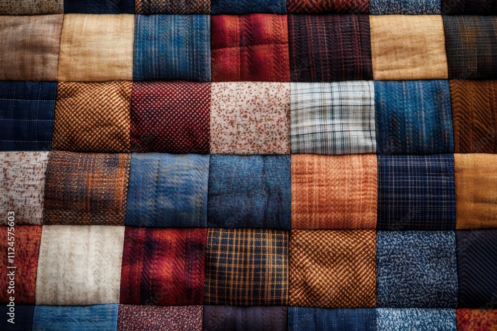 Patchwork Quilt Fabric Squares Rustic Handmade Textures Warm Lighting Close-Up Symmetry Artistic Composition Patchwork Quilt Fabric Squares Rustic Handmade Textures Warm Lighting Close-Up Symmetry Artistic Composition