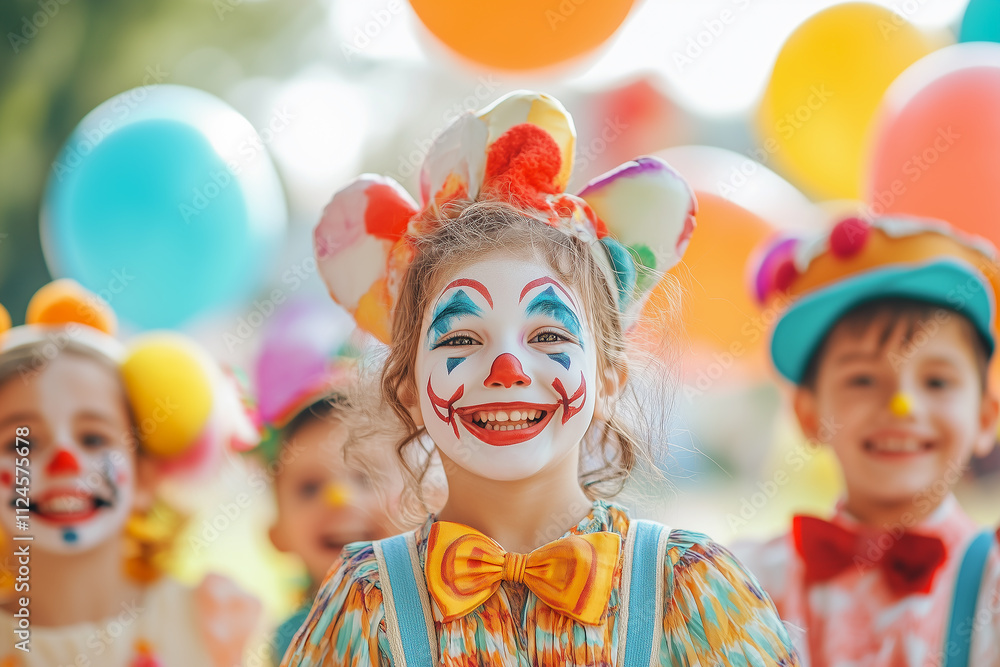 Smiling children dressed as clowns at a colorful outdoor carnival party Smiling children dressed as clowns at a colorful outdoor carnival party