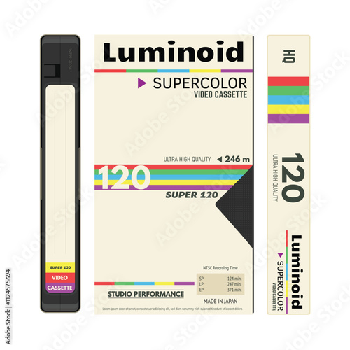 Retro style VHS video cassettes front view with label and cover, cover side view. Empty labels with lines for text. Magnetic cassette label fantasy 90s cover design. Vector illustration with opacity.