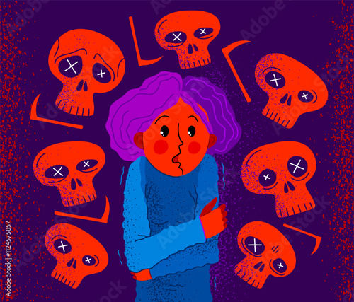 Thanatophobia fear of death vector illustration, girl surrounded with imaginary dead skulls in fear and panic attack, psychology and psychiatry.