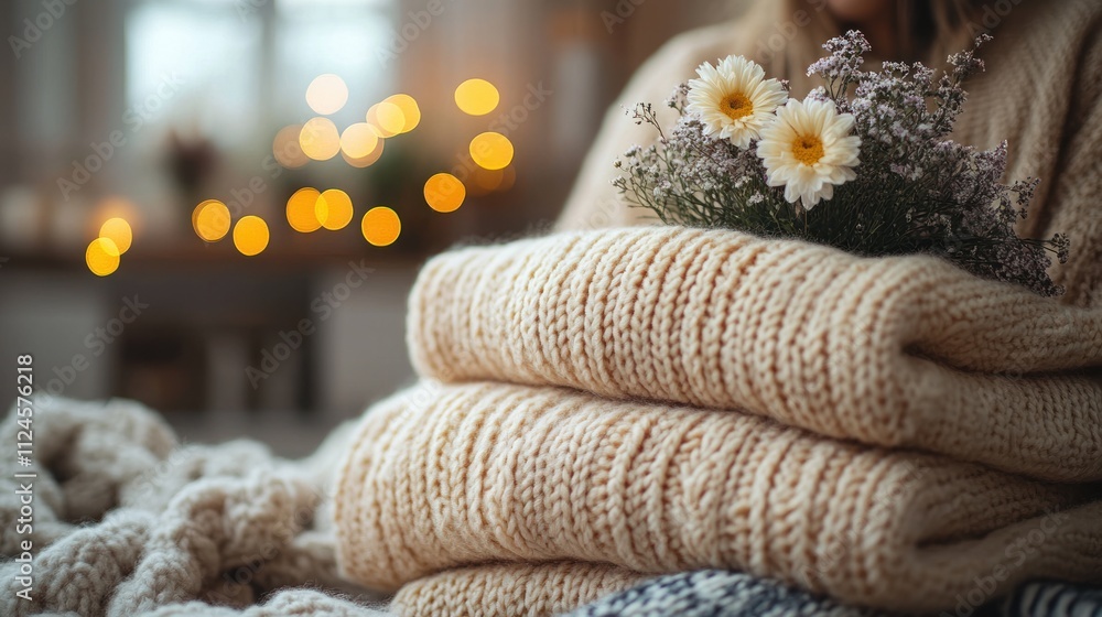 Pregnant Woman in Cozy Sweater Holding Soft Baby Blankets in Warm Nursery Pregnant Woman in Cozy Sweater Holding Soft Baby Blankets in Warm Nursery