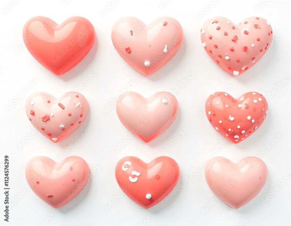 Delicate Pink Hearts with Festive Decorations on White Background Delicate Pink Hearts with Festive Decorations on White Background