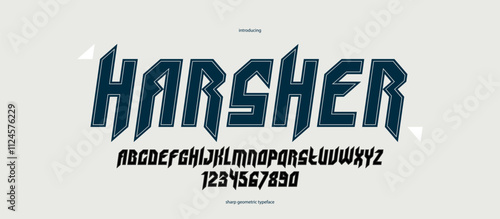 Sharp and bold gothic font for logo creation of for headlines, edgy geometric modern vector italic typeface, heavy metal and hard rock style alphabet with numbers.