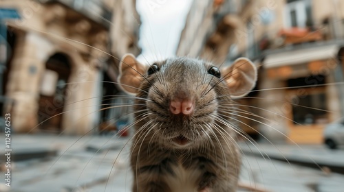 Large rat with detailed realistic texture standing on city street, looking directly at camera, urban environment presence emphasized. photo