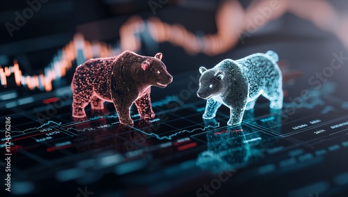 Dynamic Representation of Market Trends: A 3D Visual of Bull and Bear Symbols Depicting Financial Market Emotions in a Data-Driven World of Investments and Trading Strategies.