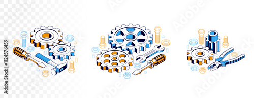 Repair and maintenance concept set, technics service, gears and tools in 3D isometric projection vector illustration, technical mechanical workshop.