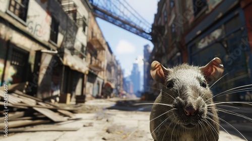 Large rat with detailed realistic texture standing on city street, looking directly at camera, urban environment presence emphasized. photo