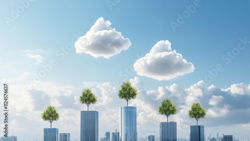 A breathtaking blend of urban architecture and nature, this image showcases trees atop skyscrapers under a stunning sky, symbolizing sustainability and environmental awareness.