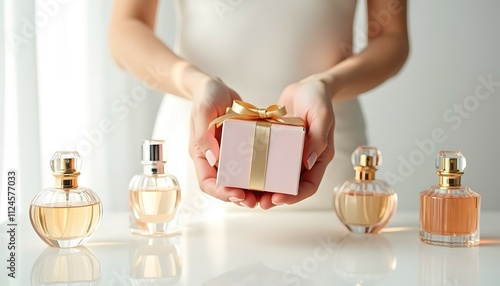 Woman's hands holding a beautifully wrapped present box, surrounded by an array of exquisite perfume bottles. Minimalistic studio setting with a clean white background