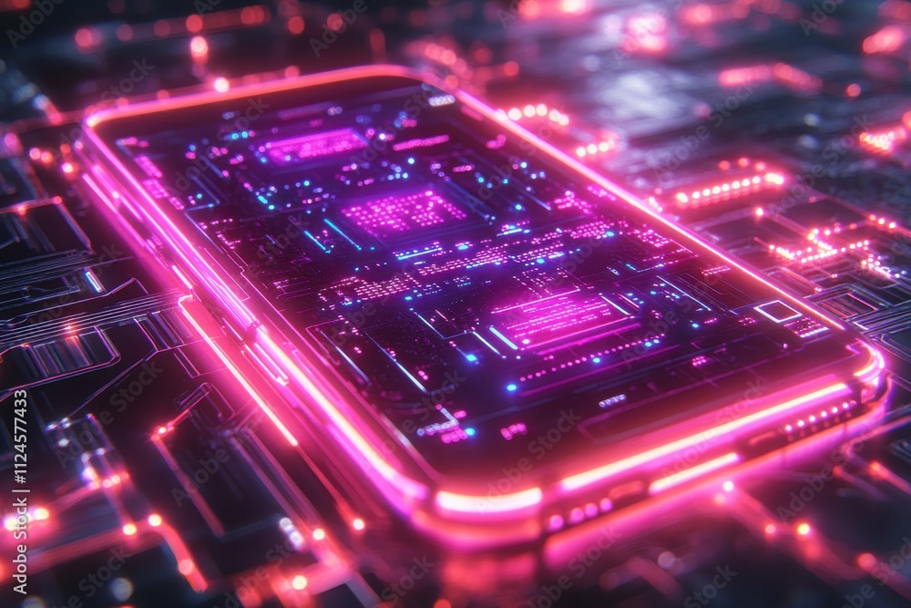 A futuristic smartphone surrounded by a glowing circuit board, emphasizing technology. A futuristic smartphone surrounded by a glowing circuit board, emphasizing technology.