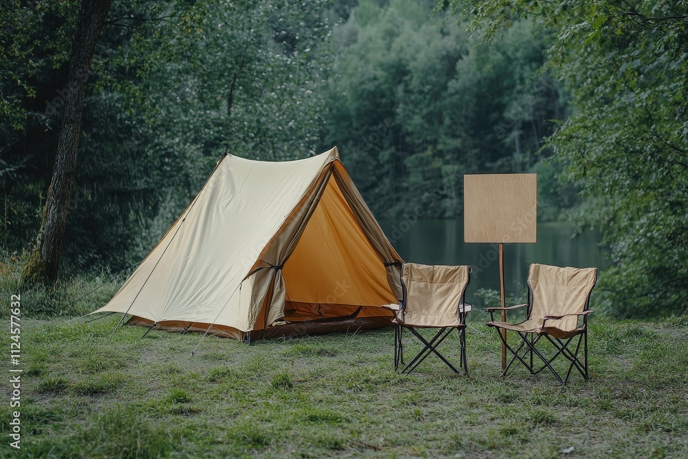 Cozy campsite by the lake with a tent and folding chairs surrounded by lush greenery Cozy campsite by the lake with a tent and folding chairs surrounded by lush greenery