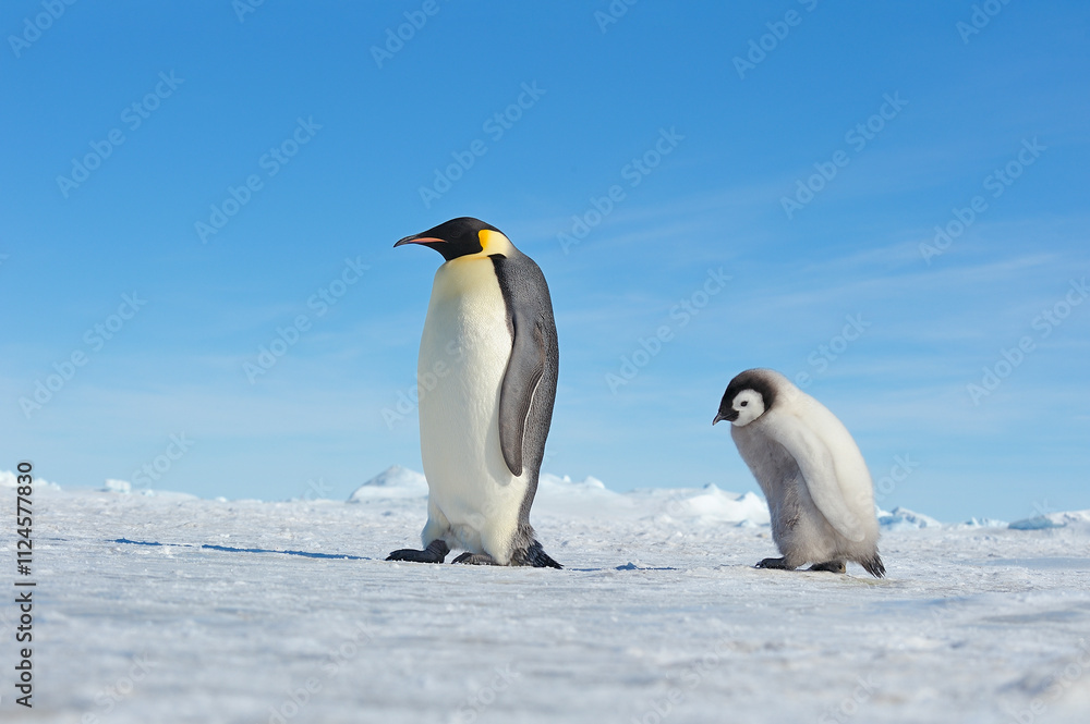 Emperor Penguin adult and chick walking on snow in Antarctic Peninsula. Emperor Penguin adult and chick walking on snow in Antarctic Peninsula.