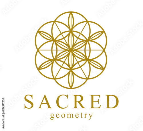 Flower of Life ancient symbol beautiful elegant vector logo or emblem isolated over white background, sacred geometry design element, esoteric sign.