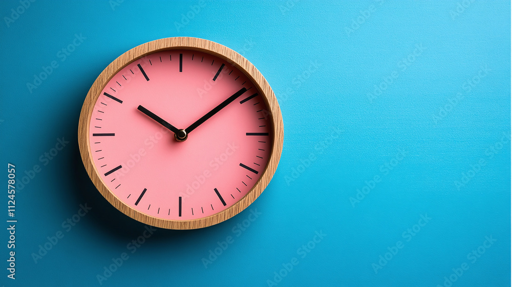 Minimalist clock on blue and pink background, concept of time. Minimalist clock on blue and pink background, concept of time.