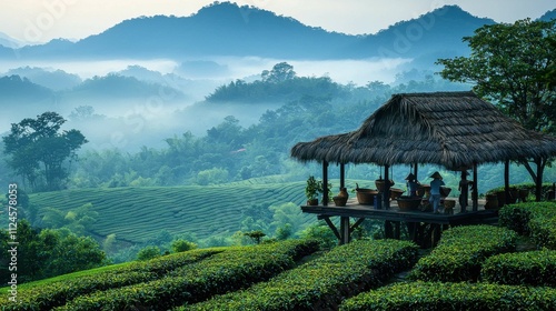 A serene view of lush green tea plantations in Asia with misty mountains in the background, featuring a traditional thatched gazebo. photo