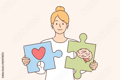 Life harmony and synergy of heart and brain for girl holding puzzle pieces in hands