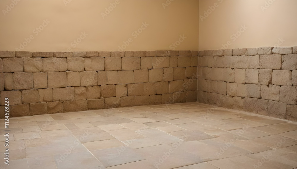 A stone wall with a tiled floor in the foreground A stone wall with a tiled floor in the foreground