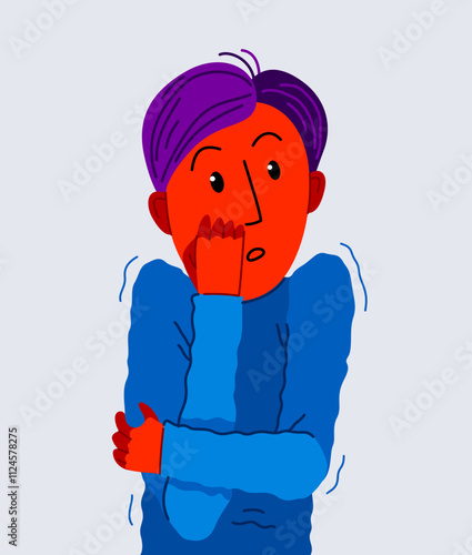 Scared young man feeling uncomfortable vector illustration, phobia paranoia anxiety or other psychical and psychological problems concept, bad emotions.
