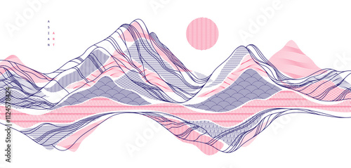 Nature art oriental Japanese style vector abstract background, runny like water shapes and lines with textures.