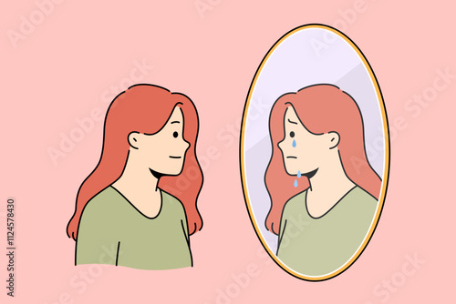 Bipolar disorder in woman smiling but feeling suffering in soul, and looking in mirror. Problems of bipolar disorder in girl seeing crying reflection due to psychological disturbance
