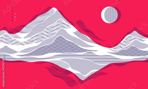 Nature art oriental Japanese style vector abstract background in red colors, runny like water shapes and lines with textures.