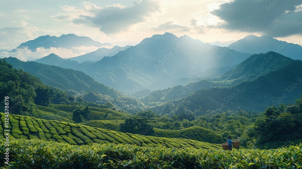 A serene view showcases a person overlooking lush green tea fields and mountains under a beautiful sky. The scene evokes tranquility and natural beauty. A serene view showcases a person overlooking lush green tea fields and mountains under a beautiful sky. The scene evokes tranquility and natural beauty.