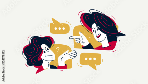 Couple of young people having conversation online via messenger, vector illustration of two people arguing and having communication, debate online speech boxes.