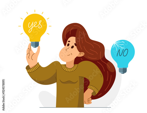 Young woman having a lot of ideas and choosing best one to solve some problem, vector illustration of a young person who is choosing between different ideas which one is working.