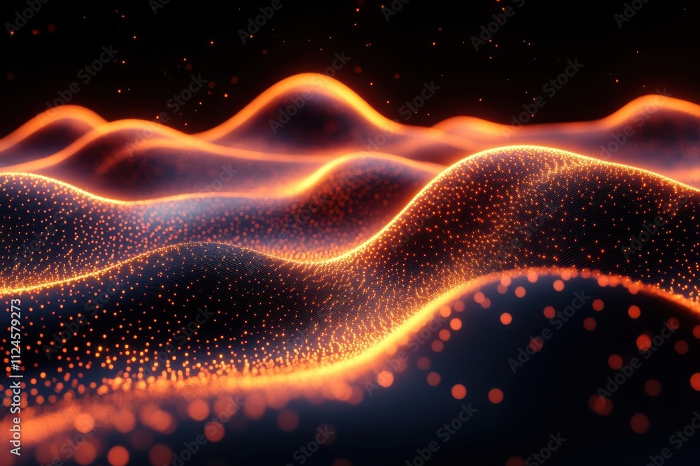 Abstract waves of glowing particles create a dynamic visual effect. Abstract waves of glowing particles create a dynamic visual effect.