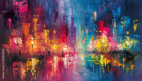 Colorful art city street blurred background. Painting building architecture at night.