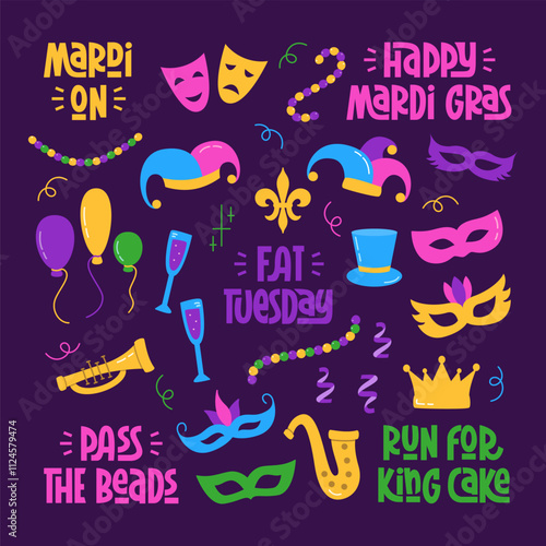 Mardi Gras Flat Design Elements Set. Collection with Hand Lettering. Carnival Harlequin Hat, Beads, Masquerade Masque, Trumpet.