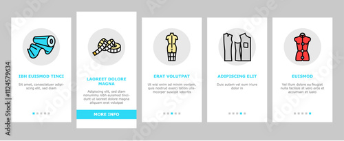 dressmaking fashion sewing style onboarding mobile vector couture tailor, hemline seamstress, silhouette textile, embroidery, draping, pleats dressmaking fashion sewing style illustrations