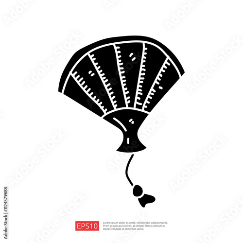 A stylized illustration of a parachute, featuring a fan-like shape with measurement markings and a cord attached, suggesting themes of adventure and outdoor activities. photo