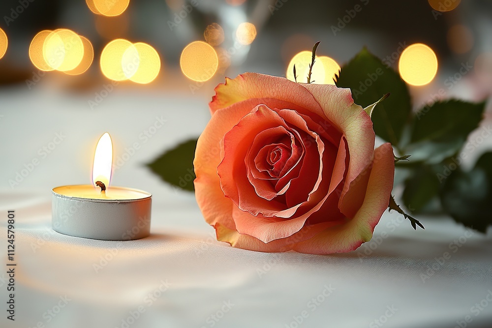 Fototapeta premium romantic table setting with single rose and lit candle on white tablecloth softly glowing with abundant copy space