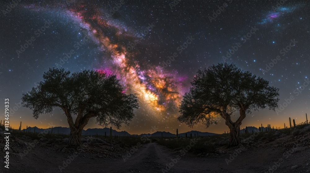 Fototapeta premium Stunning night sky with Milky Way above desert landscape and trees.